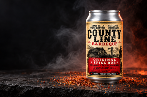 County Line Original Spice Rub can displayed on charcoal slate